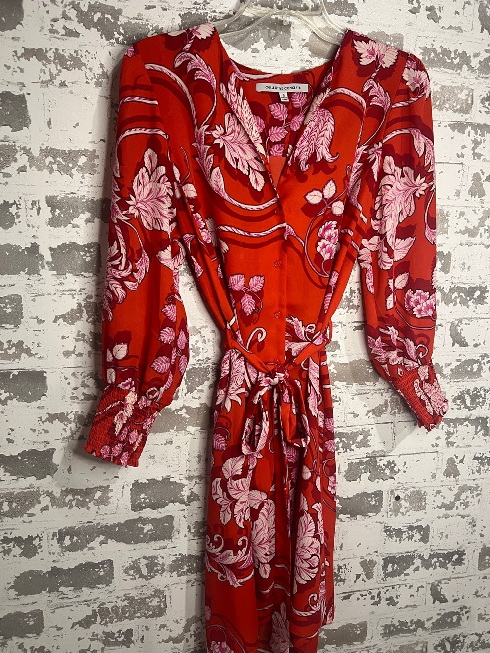 Collective Concepts Red Floral Tie-Waist Midi Dress with Pink Print